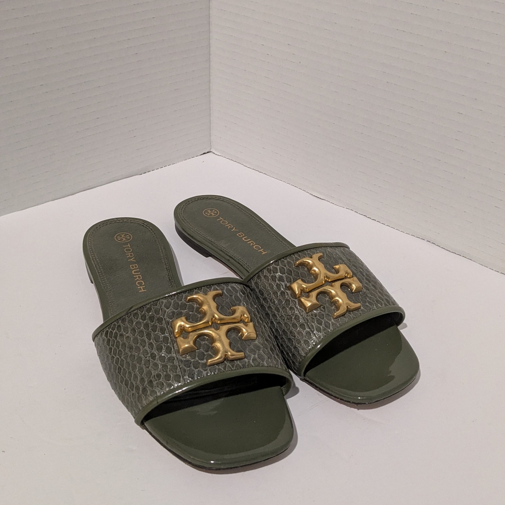 Tory Burch Green Slide Sandals with Gold Logo